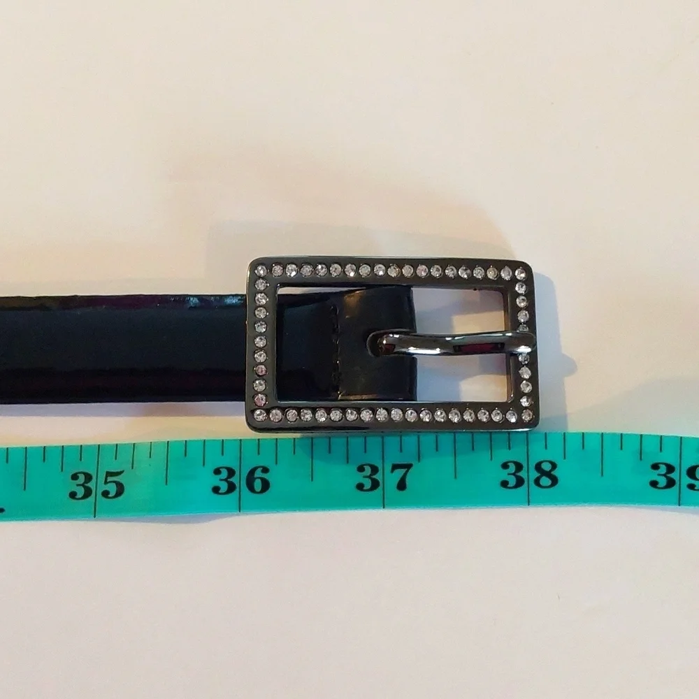 Liz & Co. Black Patent Leather Dress Belt Thin Gun metal Rhinestone Buckle M